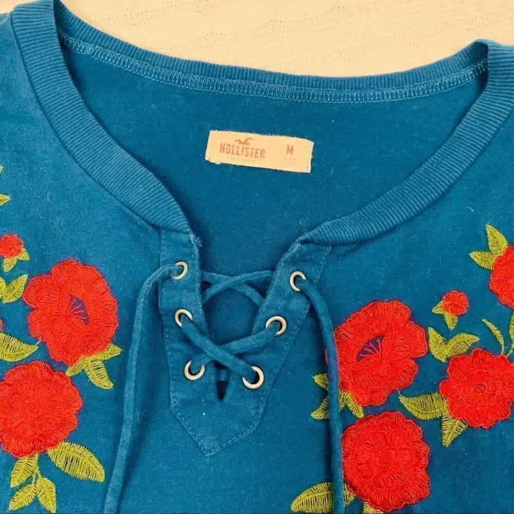 Hollister lace up long sleeve embroidered crop top